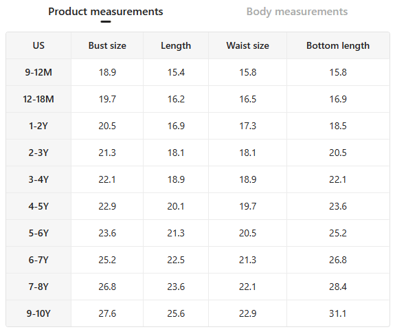 Size chart for 3-piece cowgirl clothing set