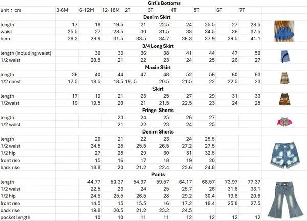 Size chart for ruffled ranch denim cowgirl skirt