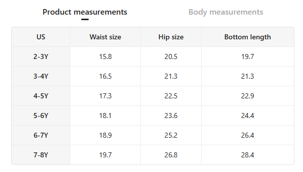 Size chart for kids girls tassel hem western jeans