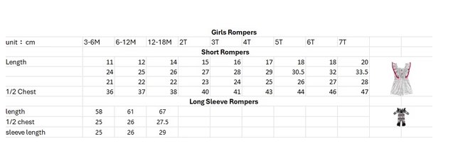 Size chart for teal cowgirl romper for infants