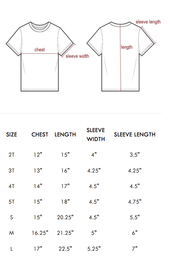 Star Howdy neon pink kids football shirt size chart with detailed measurements.