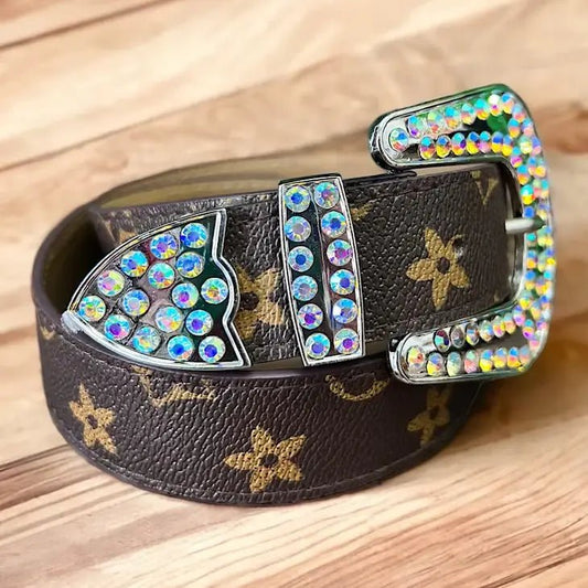 Starry brown belt for cowgirls with rhinestone buckle, perfect Western belt for young fashionistas.