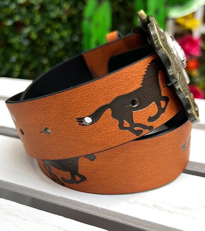 Starry Gallop horse print belt for kids featuring horse design and western style equestrian buckle