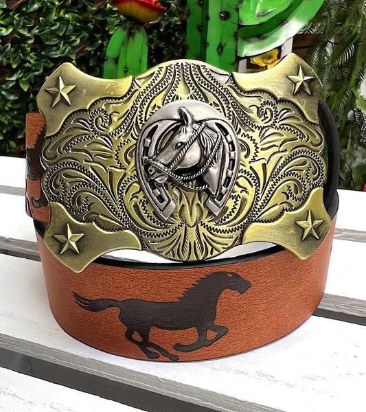 Starry Gallop horse belt with golden horseshoe buckle and horse print — perfect equestrian belt for kids