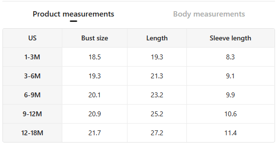 Size chart for red and beige cowboy baby bodysuit