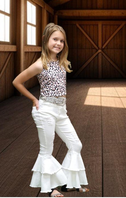 Girls' bell-bottom denim jeans with double flare layers