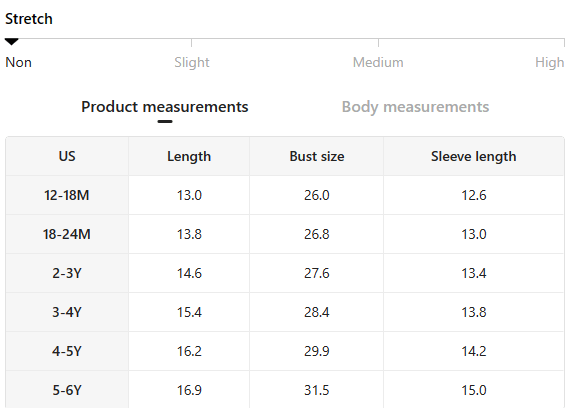 Size chart for toddler western denim jacket showing length, bust, and sleeve measurements.