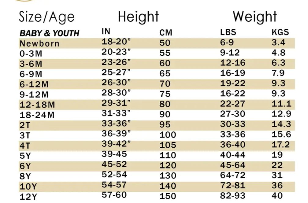 Size chart for Annie Oakley toddler western dress