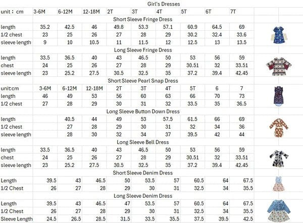 Western dress size chart for toddlers and girls
