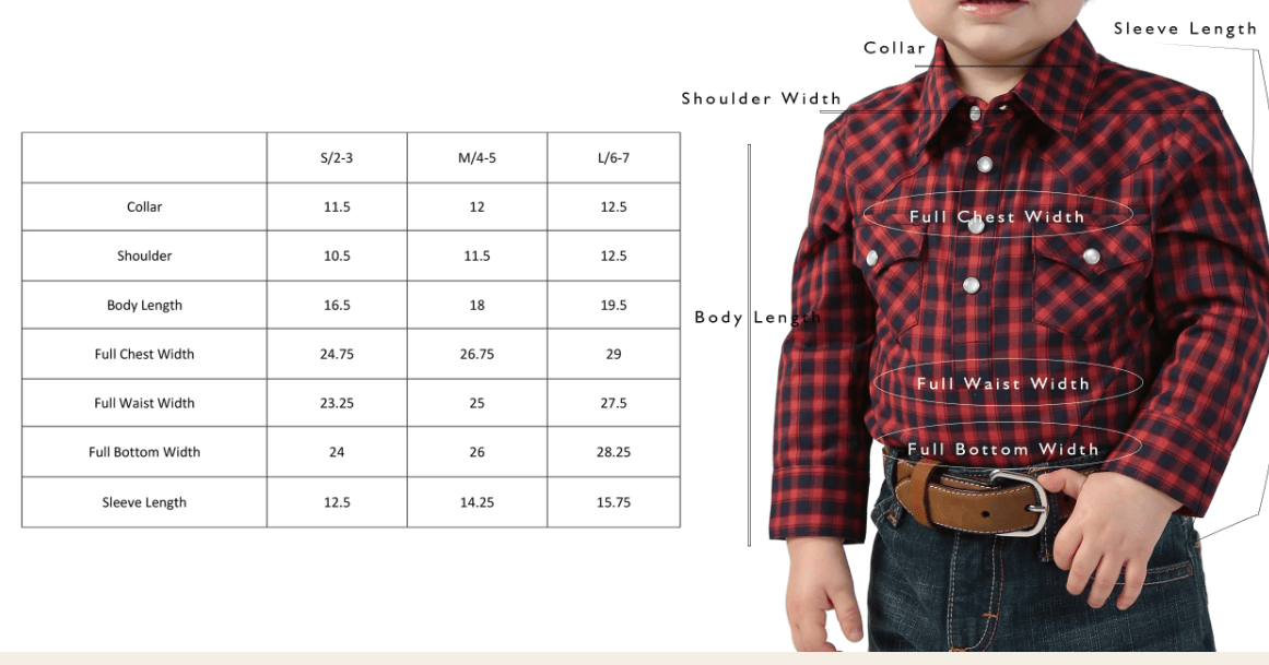 Size chart and model image for toddler western shirts