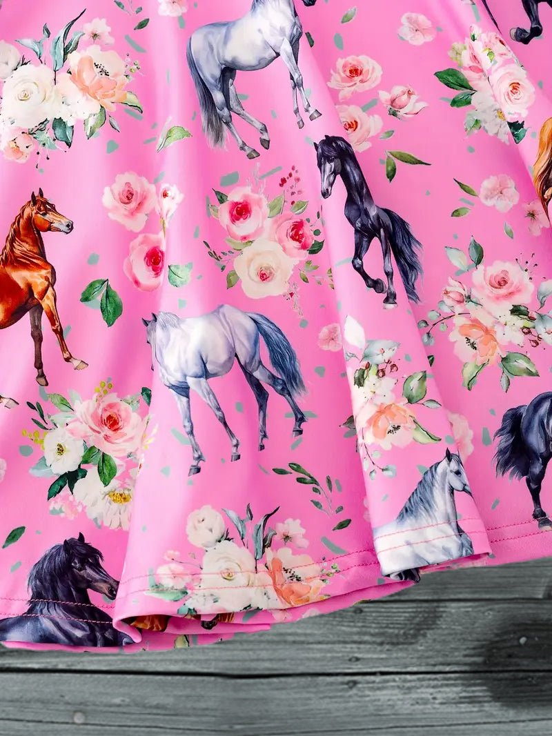 Pink equestrian print dress with illustrated horses and floral patterns, ideal for young girls who love riding.