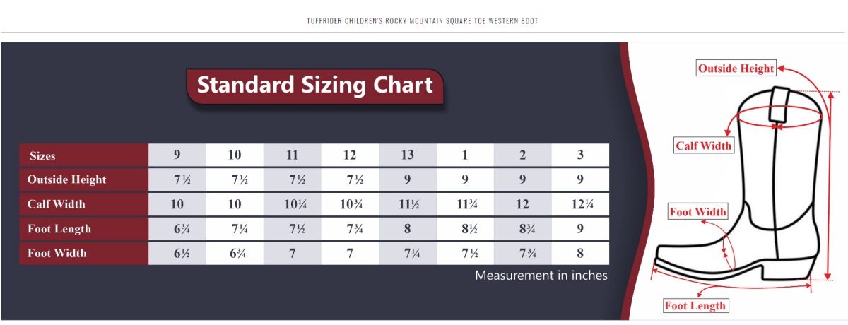 Detailed measurement chart for TuffRider children's Western boots for accurate fit