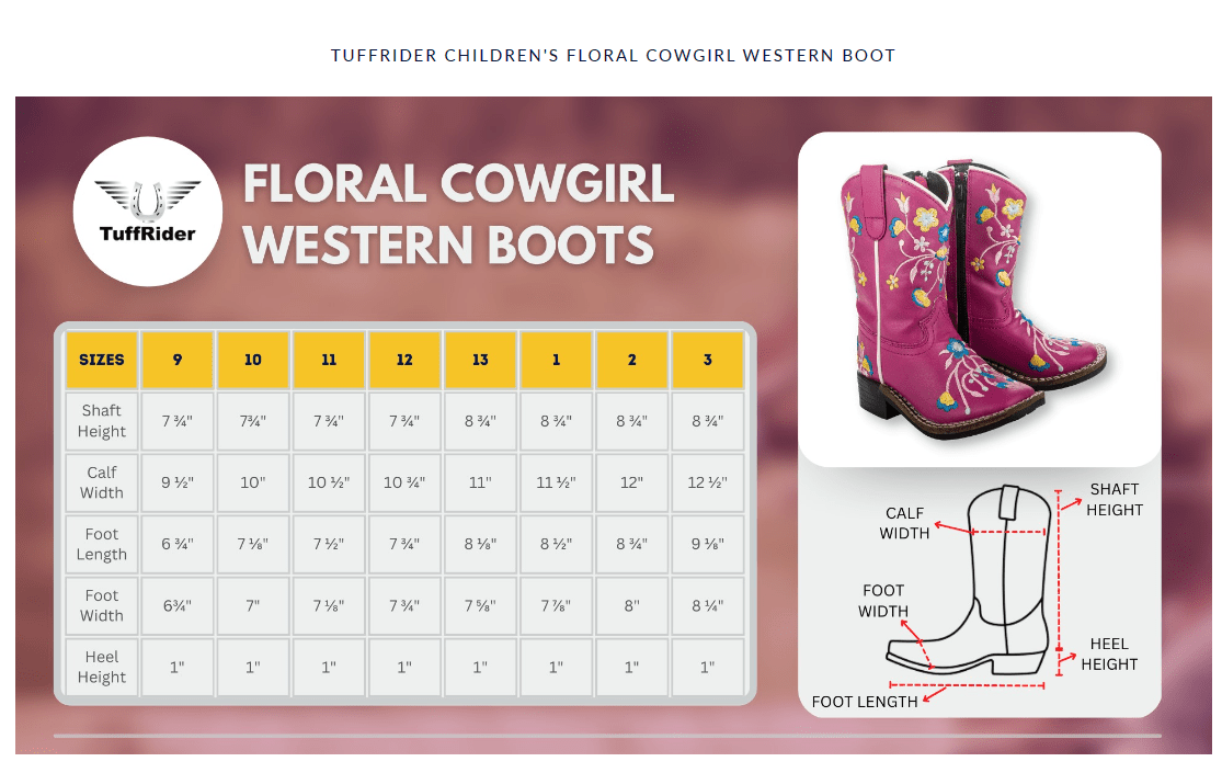 Size guide for TuffRider Children's Floral Cowgirl Western Boots, kids western boots fitting chart
