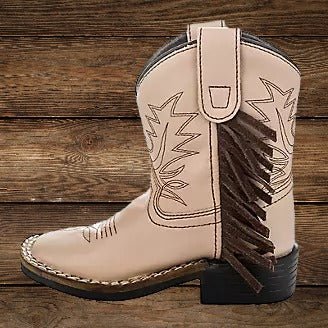 Side profile of kids fringe cowboy boots, TuffRider Children's Tan Fringe Boots highlighting side stitching and fringe.