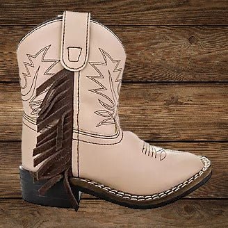 Detailed side view of the TuffRider Children's Tan Fringe Boots, showcasing the fringe and classic cowboy boot design.