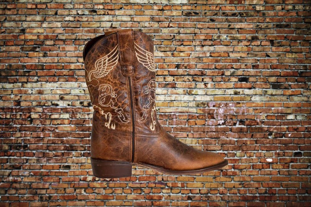 Side view of Tuffrider children's brown Western boot with wing embroidery.