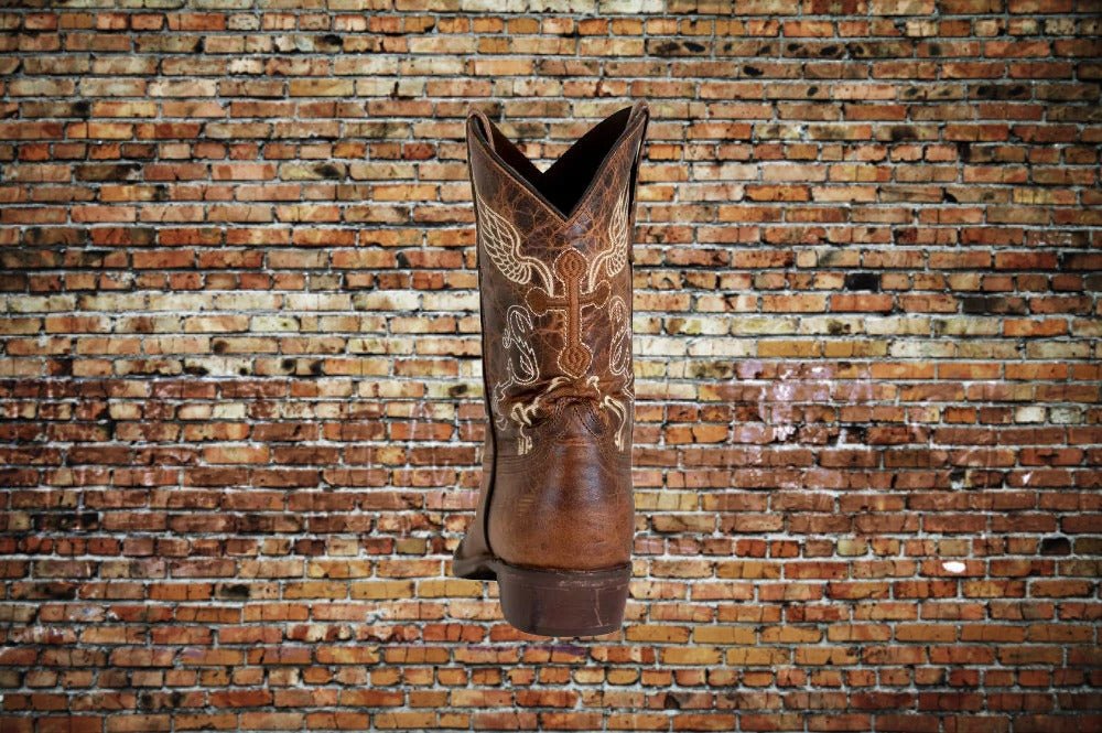 Rear view of Tuffrider kids' Western boot highlighting cross embroidery.