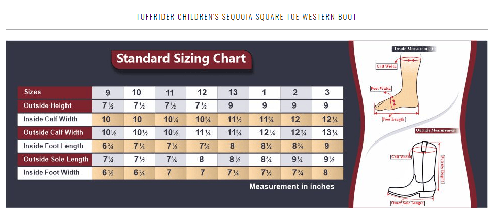 Tuffrider children's Sequoia square toe Western boots size guide chart.