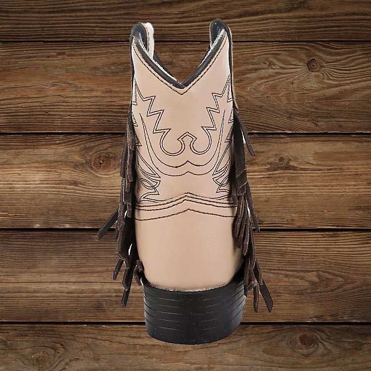 TuffRider Children's Tan Fringe Boots, back view showcasing fringe details on kids' fringe cowboy boots.