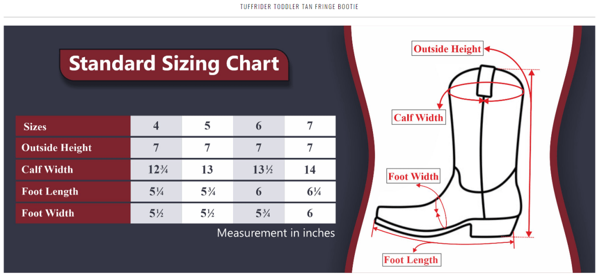 TuffRider Children's Tan Fringe Boots standard sizing chart with detailed boot measurement diagram.