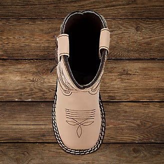 Top view of TuffRider Children's Tan Fringe Boots featuring western stitching details on the toe.