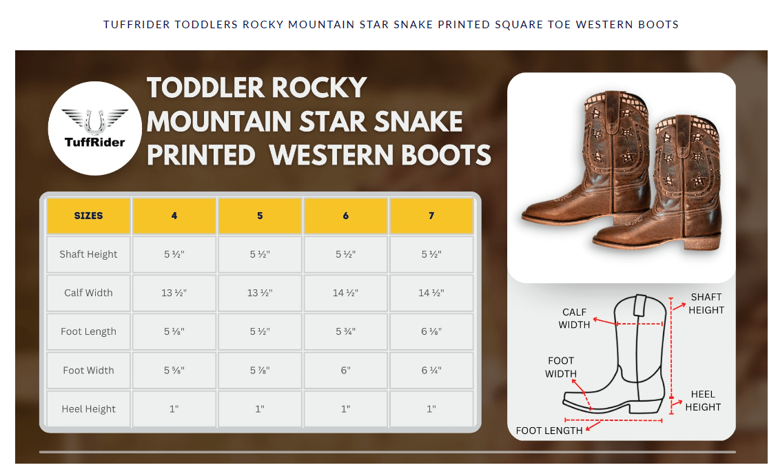 Diagram showing measurements for TuffRider toddler Western boots including calf and foot dimensions