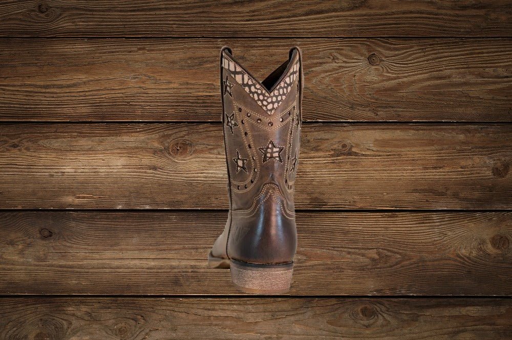 Back view of TuffRider Western boots for kids highlighting classic Western stitching