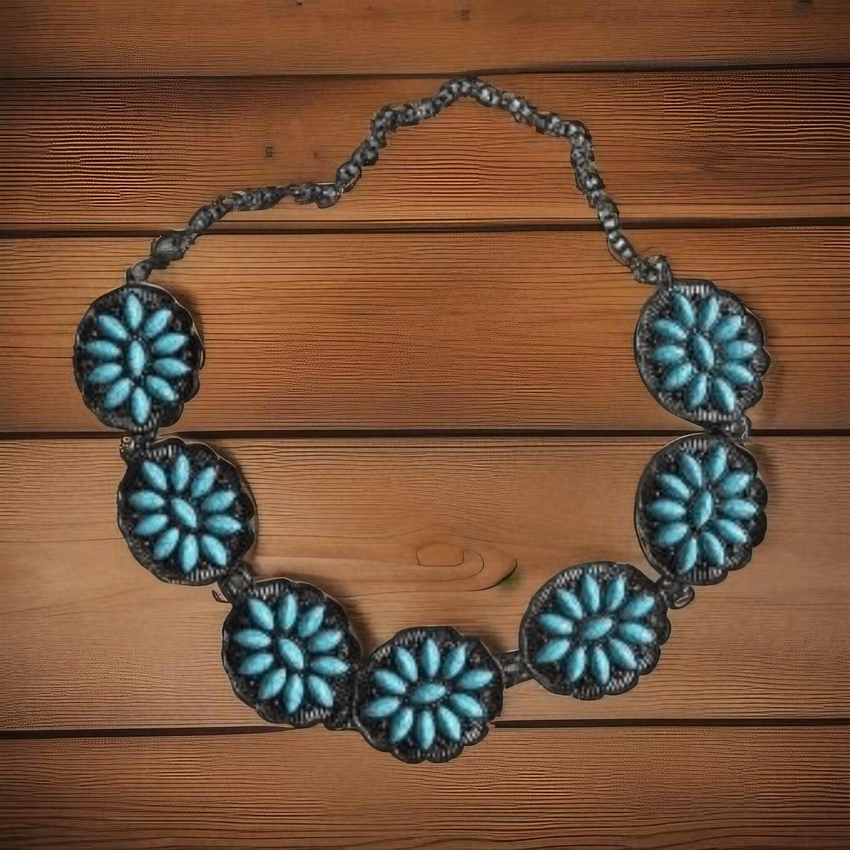 Turquoise Trails Western chain belt with turquoise inlay laid flat, womens western turquoise belt accessory