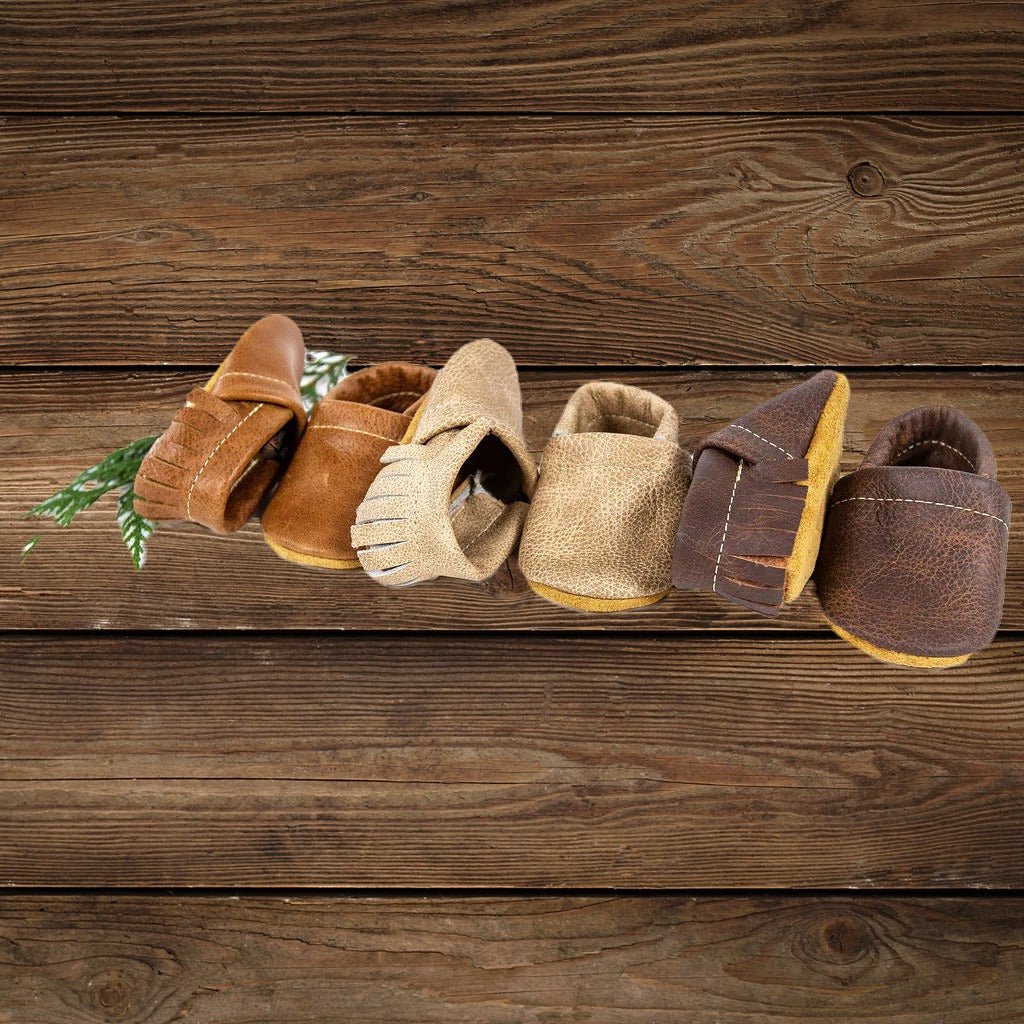 Western baby moccasins boy collection with suede bottoms for grip