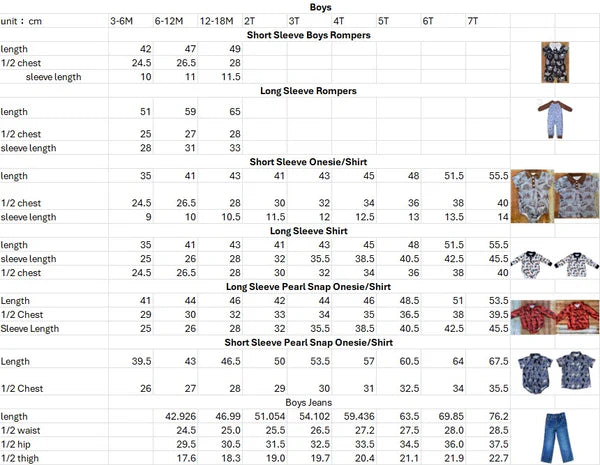 Size chart for western baby onesies with brown and navy shirt reference