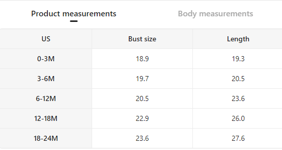 Size chart for cow print baby romper