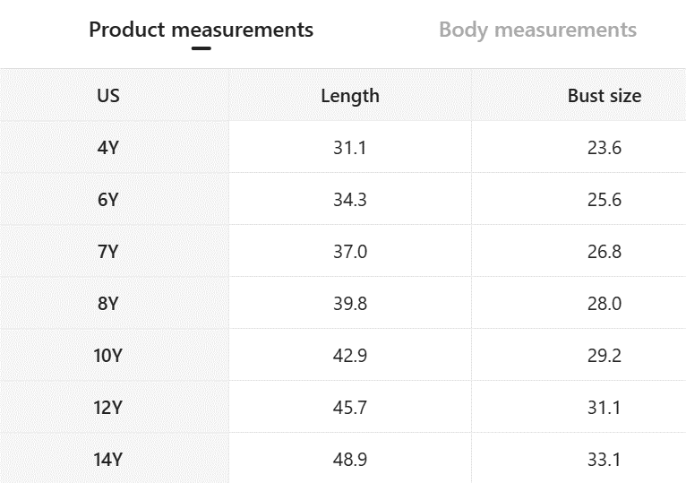 Size chart for western floral lace maxi dress for girls, lengths and bust