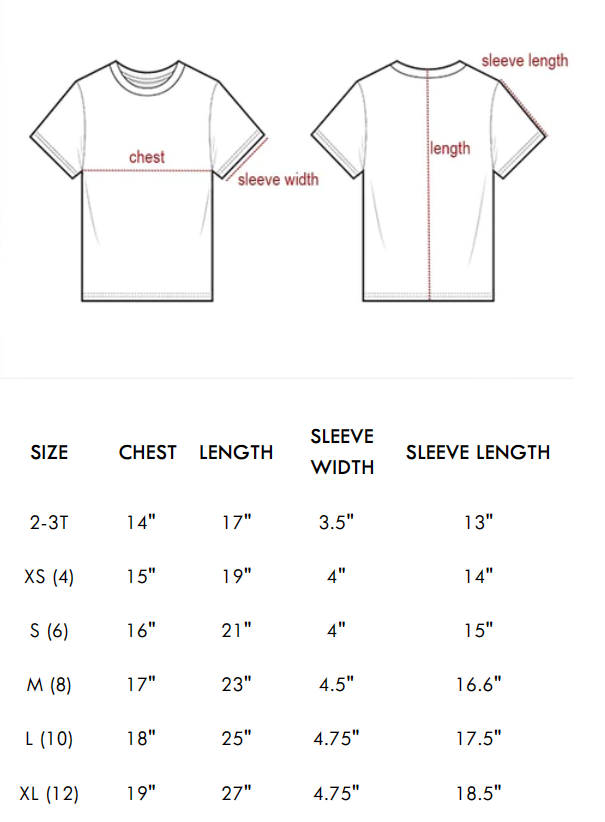 Western kids shirt size chart showing chest, length, sleeve width, and sleeve length measurements.