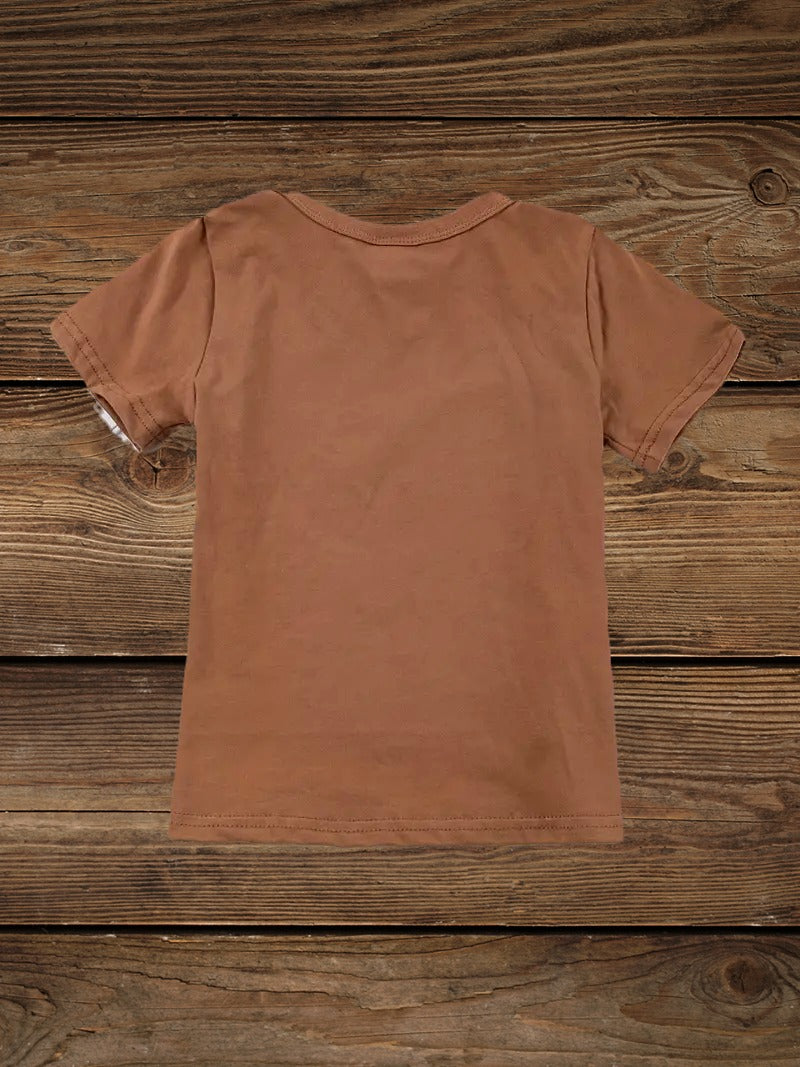 Brown western tee for kids, "Keeping the West Wild" graphic design, authentic and playful.