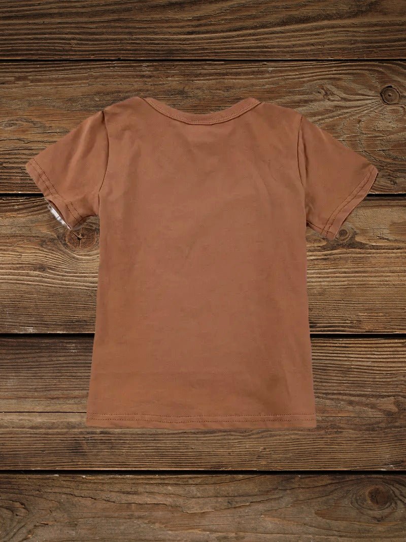 Brown western tee for kids, "Keeping the West Wild" graphic design, authentic and playful.