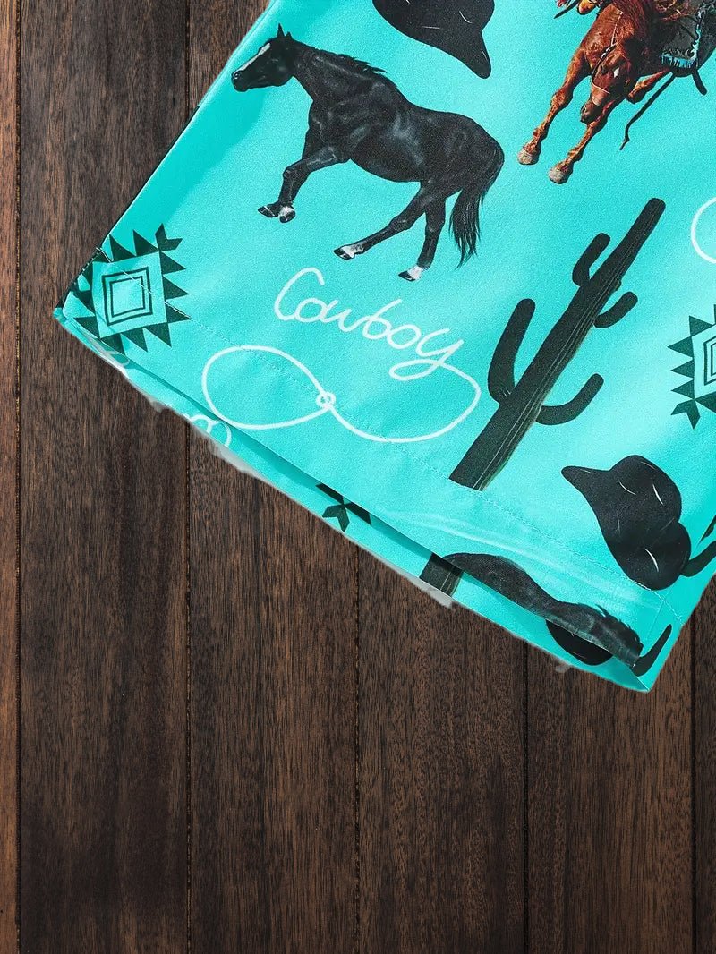 Close-up of wild west cowboy themed boys shorts fabric