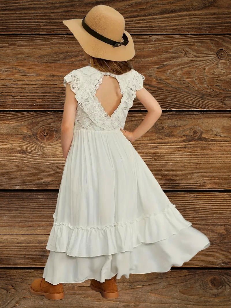 Back of white high-low western dress with lace bodice