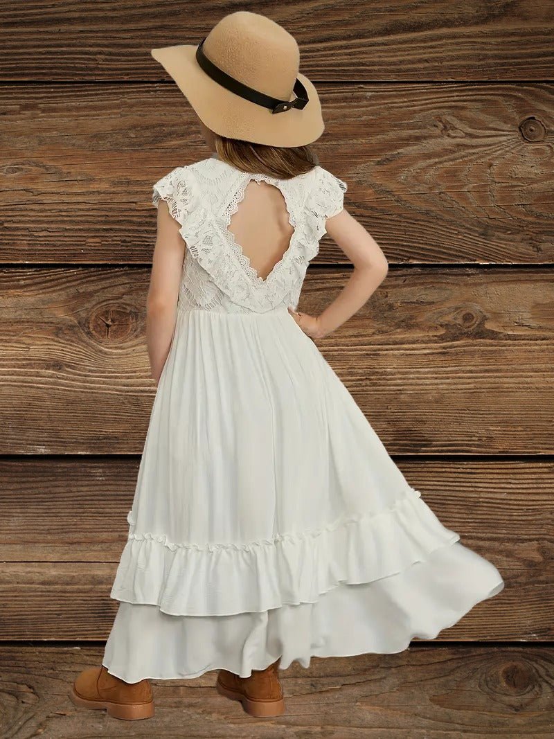 Back of white high-low western dress with lace bodice