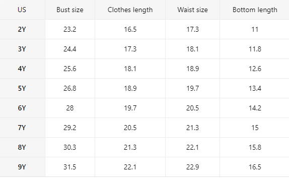 Size chart for Yeehaw Cowboy Lasso Pajama Set from 2Y to 9Y