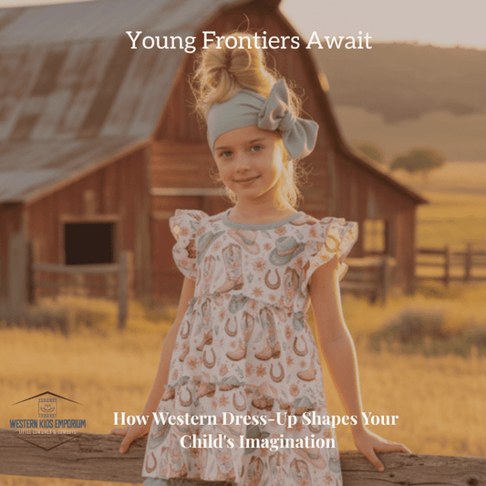 Little cowgirl in western dress standing by red barn — children's western clothing and kids western wear from Western Kids Emporium