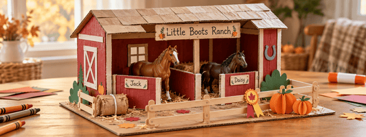 Handmade cardboard horse barn with toy horses, personalized stall signs, a craft-stick corral and paper pumpkins.