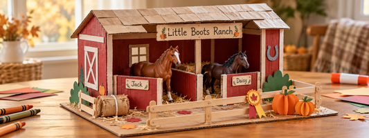 Handmade cardboard horse barn with toy horses, personalized stall signs, a craft-stick corral and paper pumpkins.