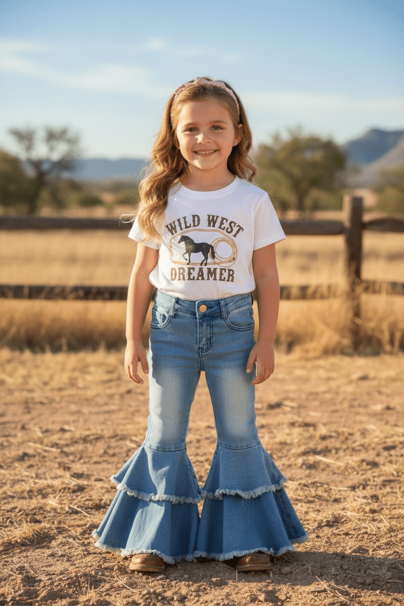 Light Blue Western Double-Layer Bell Jeans with Adjustable String