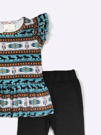 Wild Horses Boutique Western Outfit Set - Turquoise Aztec Tunic Top & Black Flare Pants