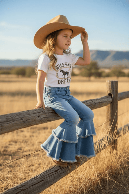 Light Blue Western Double-Layer Bell Jeans with Adjustable String