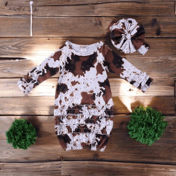 Cowhide Baby Gown & Matching Headband Set