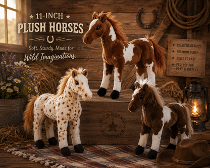 Three 11-inch plush horses in brown-and-white and cream-and-spotted patterns, displayed on rustic wooden steps in a western-themed setting with a lantern, hat, and decorative signs.