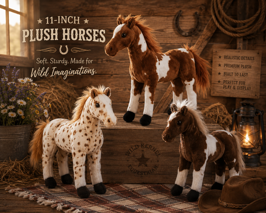 Three 11-inch plush horses in brown-and-white and cream-and-spotted patterns, displayed on rustic wooden steps in a western-themed setting with a lantern, hat, and decorative signs.