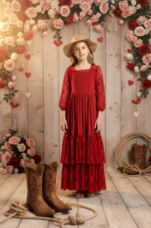 Red Canyon Lace Long-Sleeve Tiered Dress