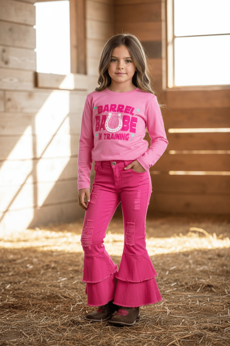Hot Pink Double Ruffle Flare Jeans for Girls
